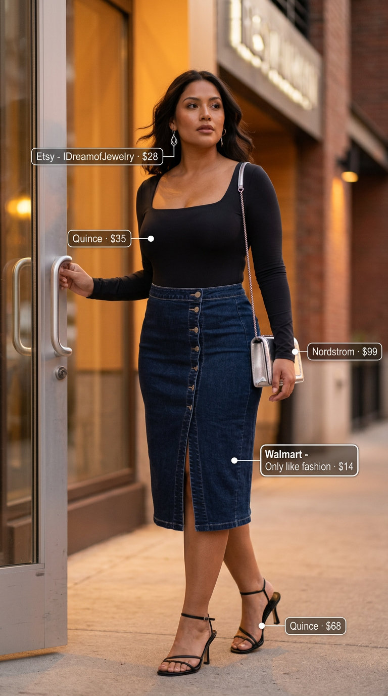 Modern Minimalist Summer Denim Skirt 2026 outfit with black bodysuit and silver heels for evening.