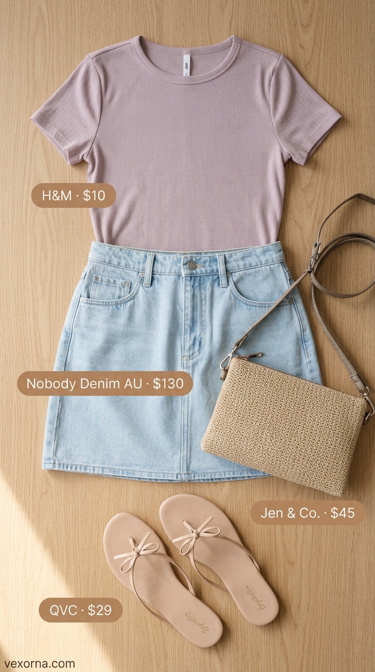 Sweet picnic denim skirt outfit 2026 with pastel knit top, floral scrunchie, and straw bag.