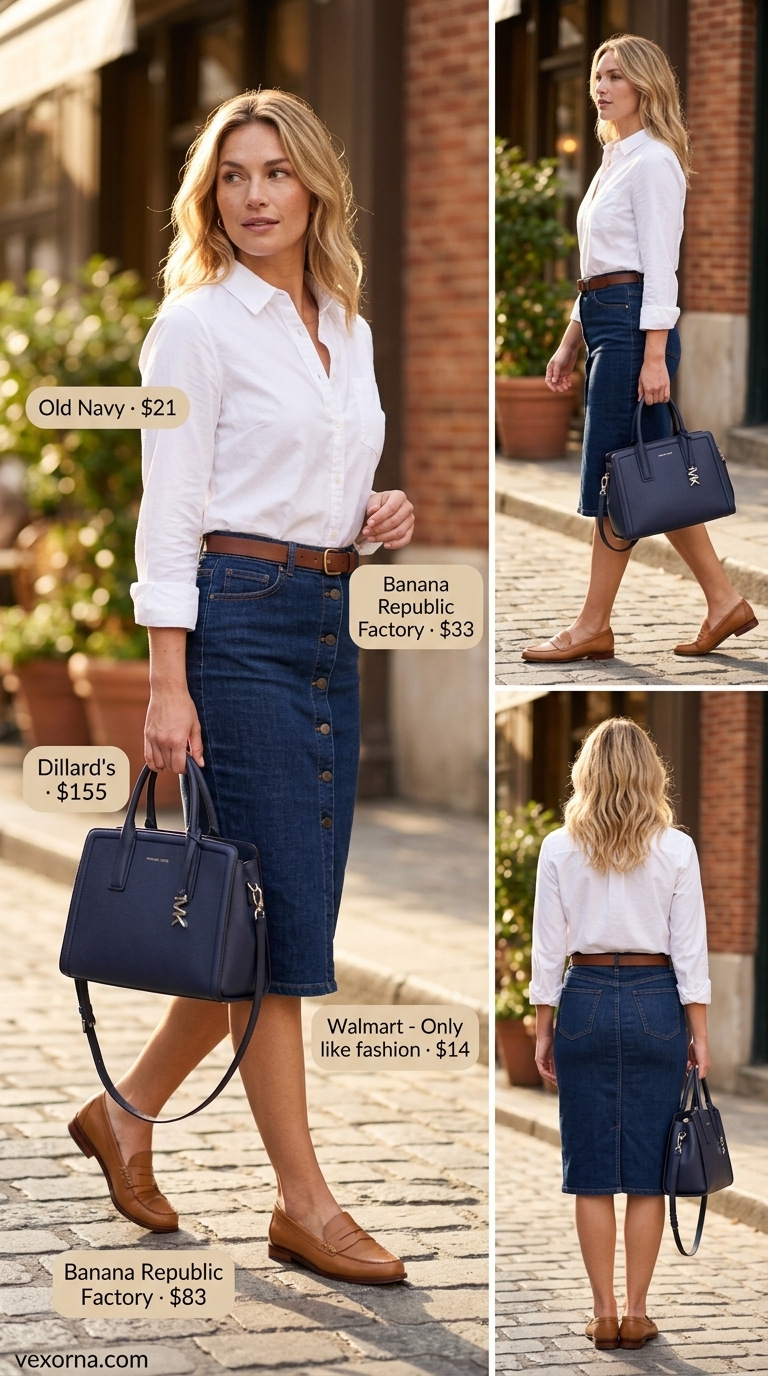 Polished preppy denim skirt outfit 2026 with striped button-down shirt, loafers, and structured satchel.