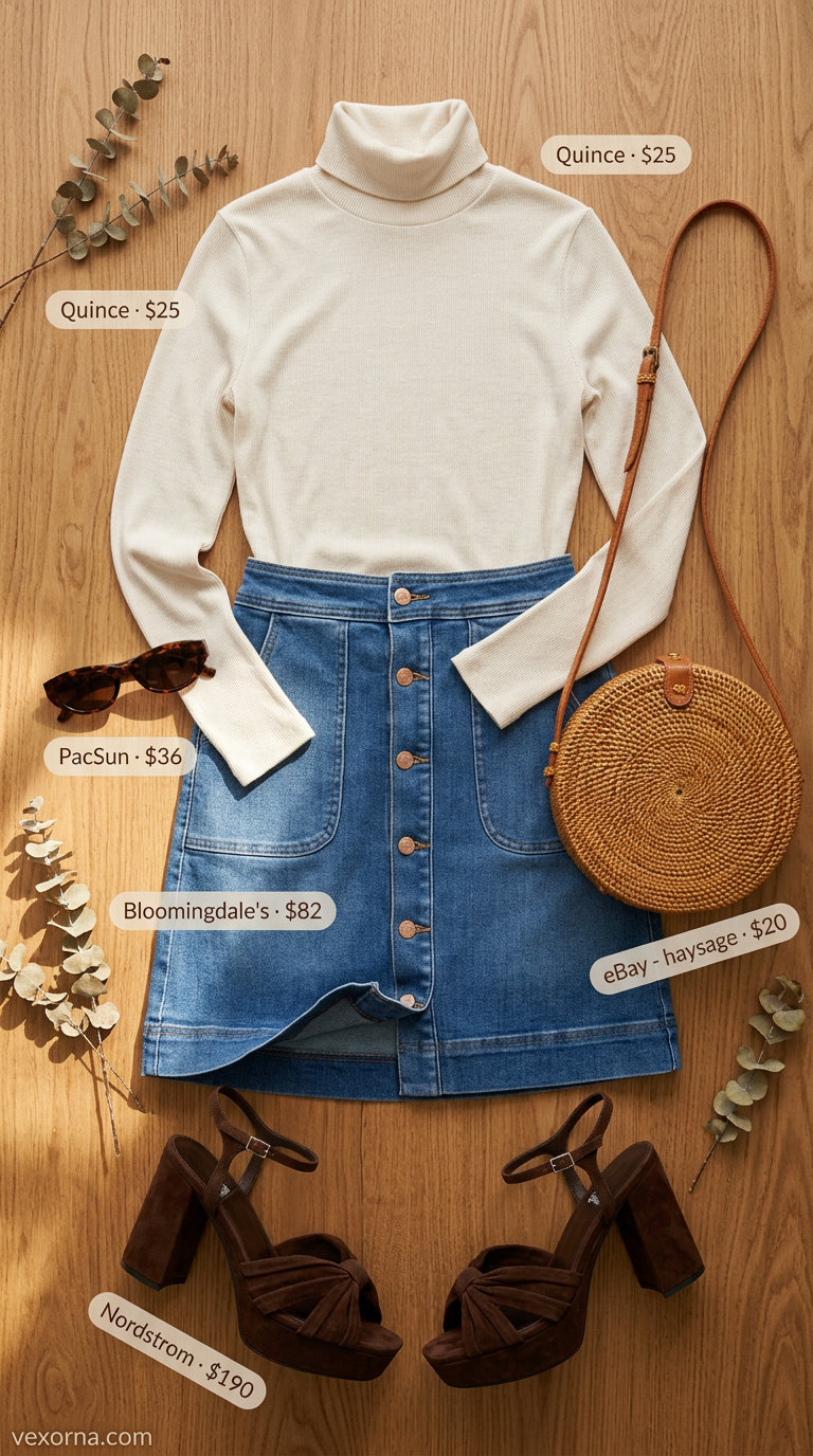 Retro Chic Summer Denim Skirt 2026 outfit with turtleneck and platform sandals for evening.