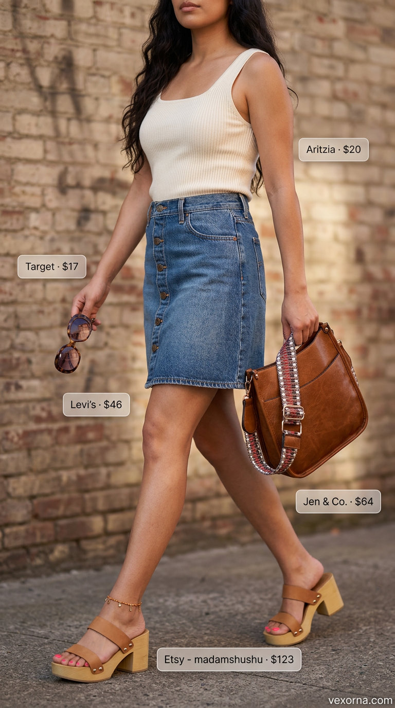 Retro Summer Day Denim Skirt 2026 outfit with ribbed tank and platform sandals for casual outings.