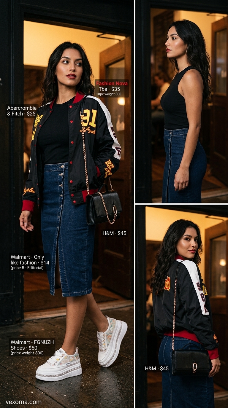 Edgy urban denim skirt outfit 2026 with bomber jacket, ribbed crop top, and platform sneakers.