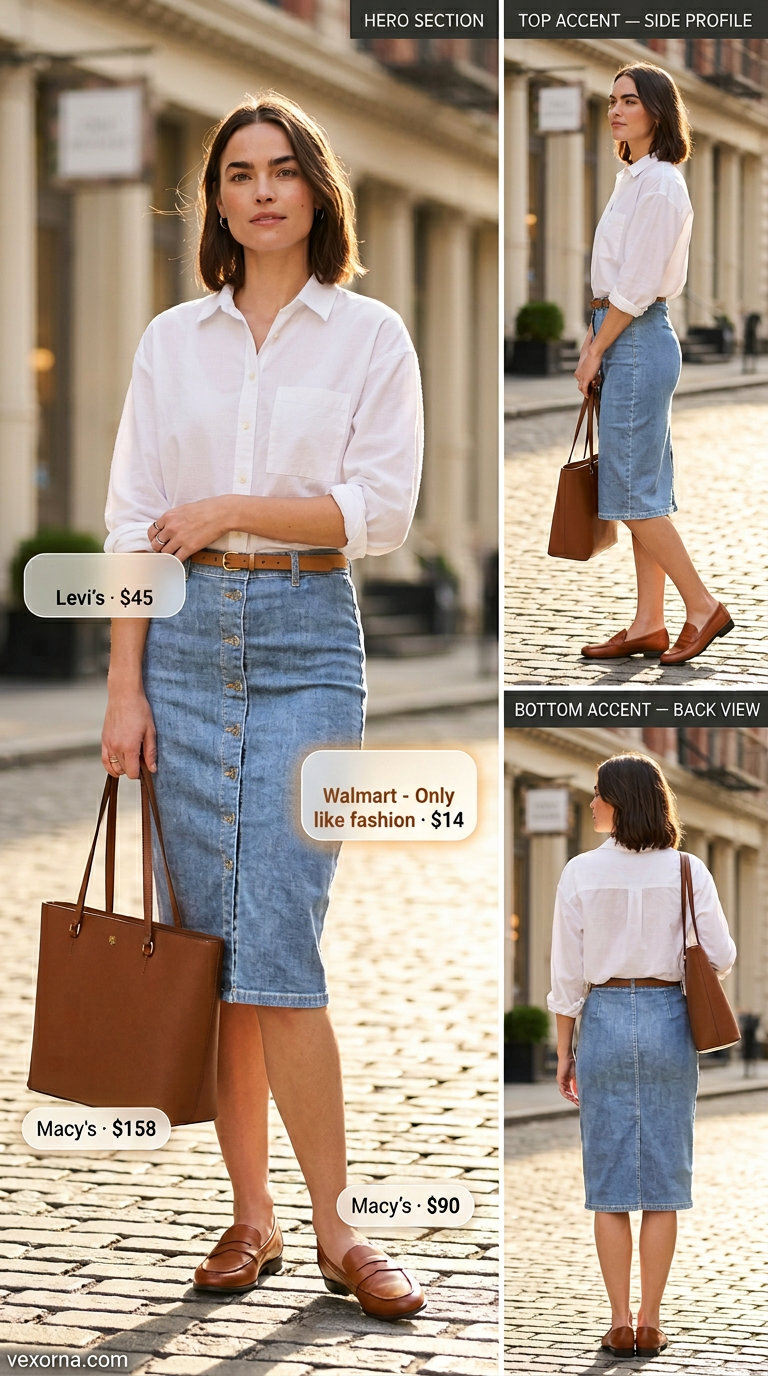 Weekend Brunch Summer Denim Skirt 2026 outfit with white shirt and loafers for smart casual events.
