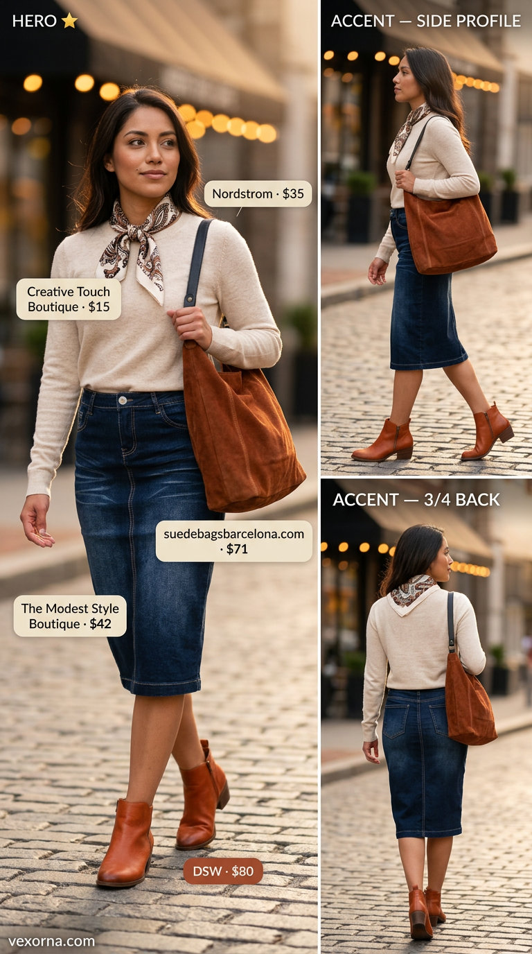Cozy chic summer denim skirt outfit 2026 with cream knit sweater, dark wash denim skirt, and brown leather ankle boots.