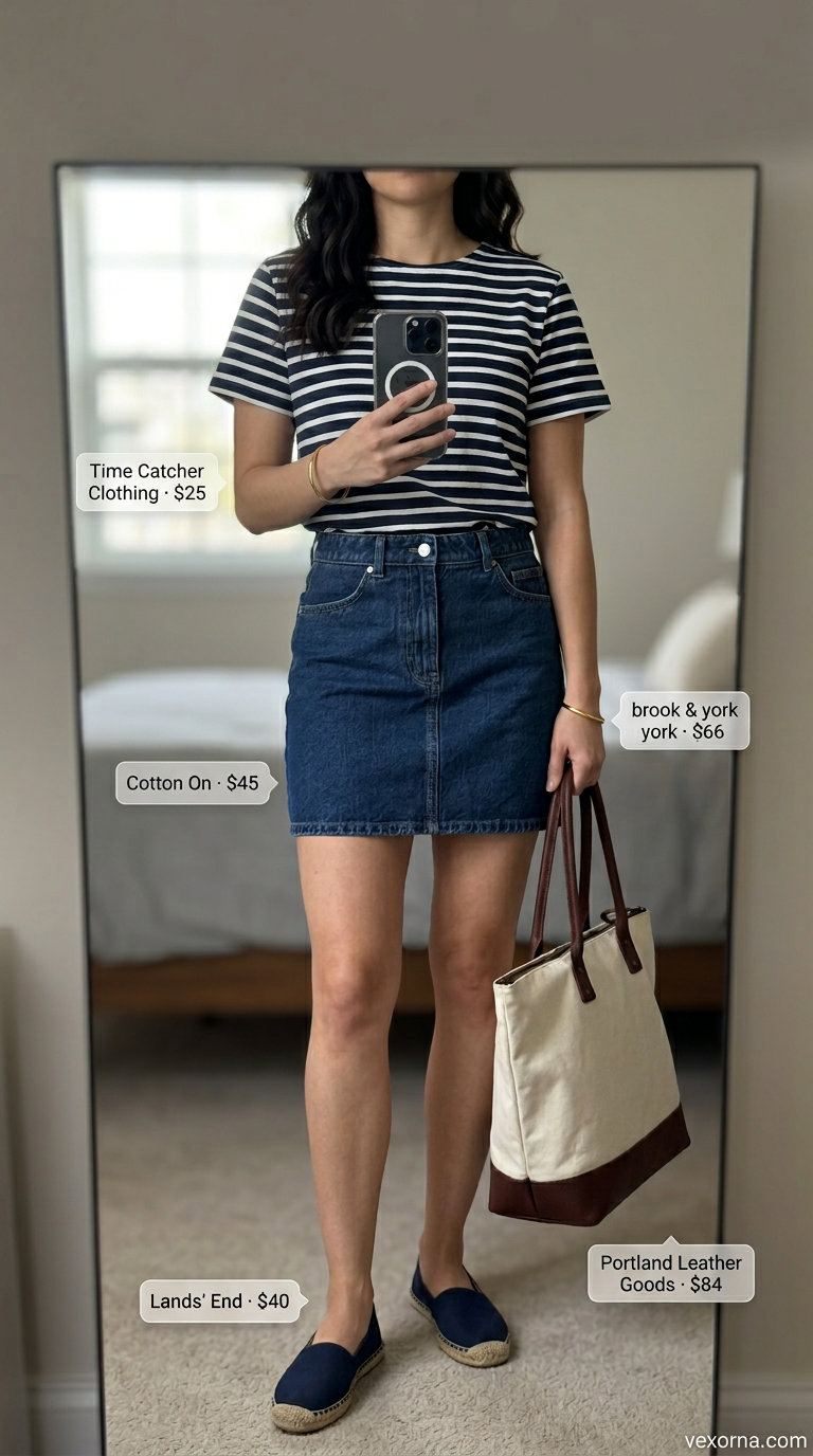 Casual Summer Evening outfit with a dark wash denim skirt, navy and white striped tee, and espadrille flats.