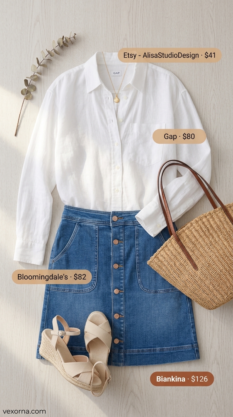 Coastal Breeze outfit with a denim skirt, white linen shirt, and straw tote bag.