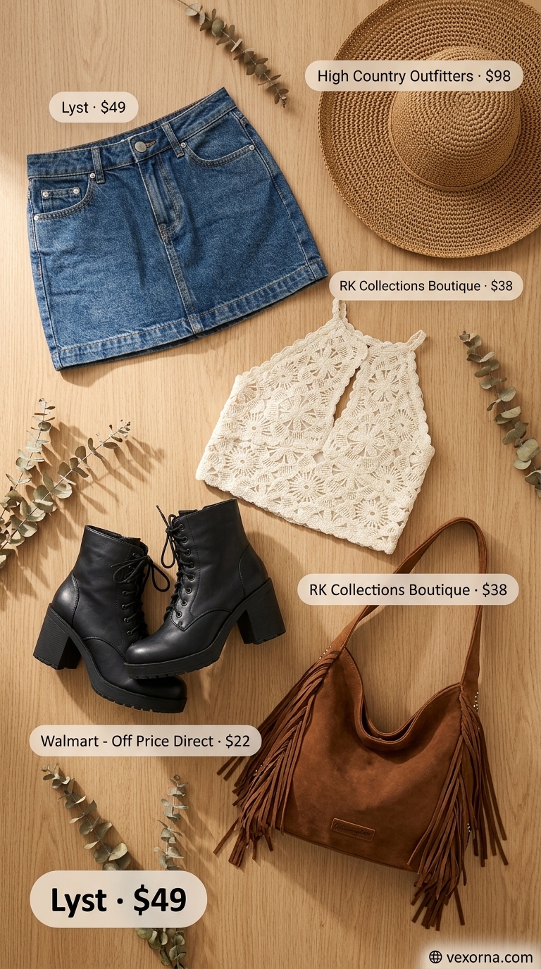 Festival Ready outfit with a light wash denim skirt, crochet crop top, floppy hat, and combat boots.