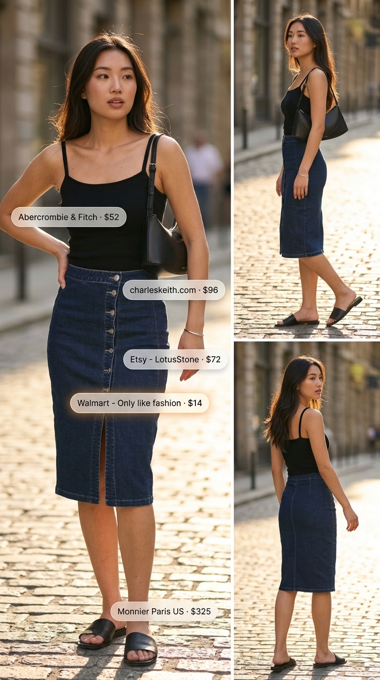Modern Minimalist outfit with a dark wash denim skirt, black knit tank, and leather slide sandals.
