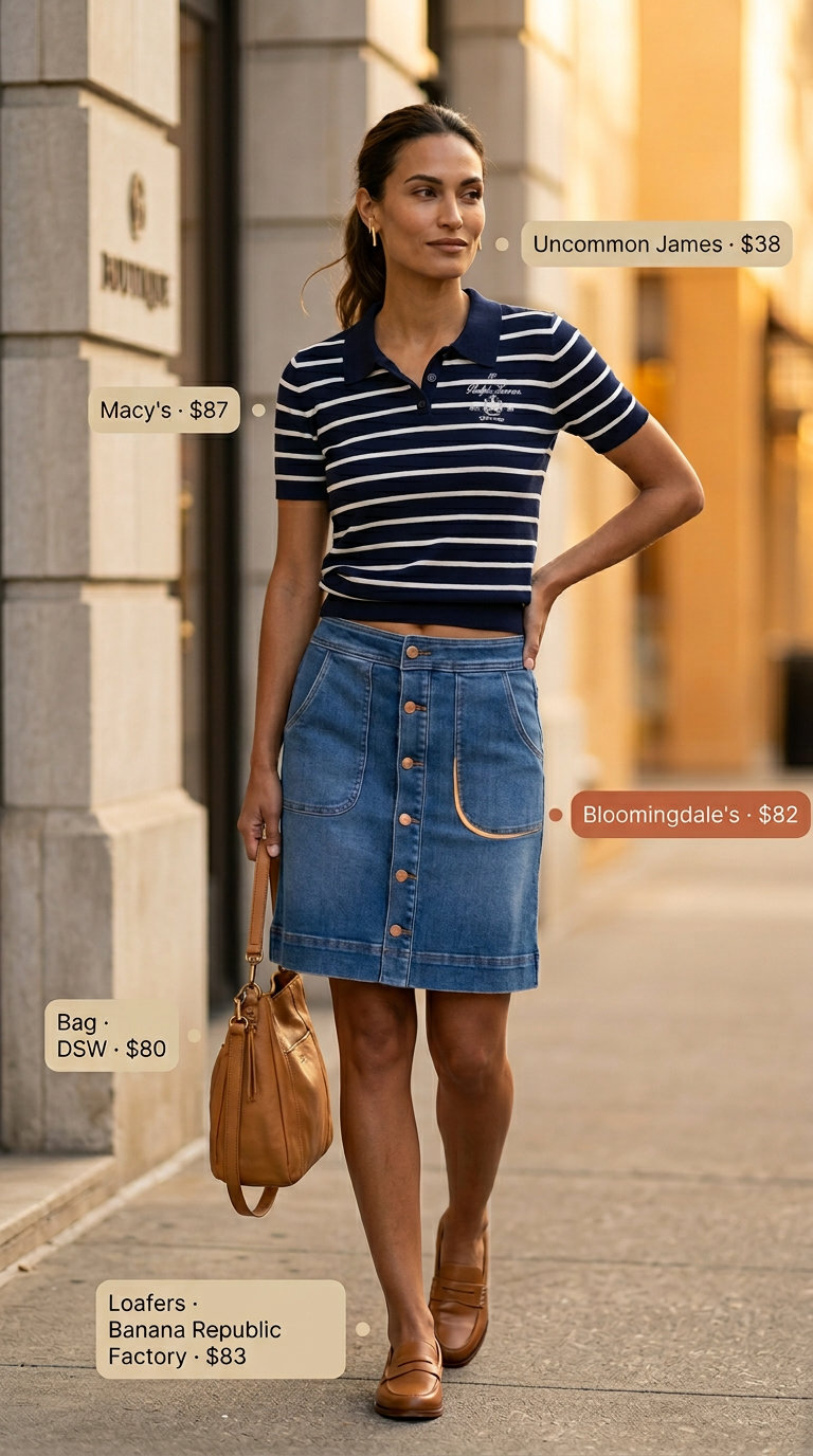Preppy Summer outfit with a denim skirt, navy and white striped polo, and leather penny loafers.