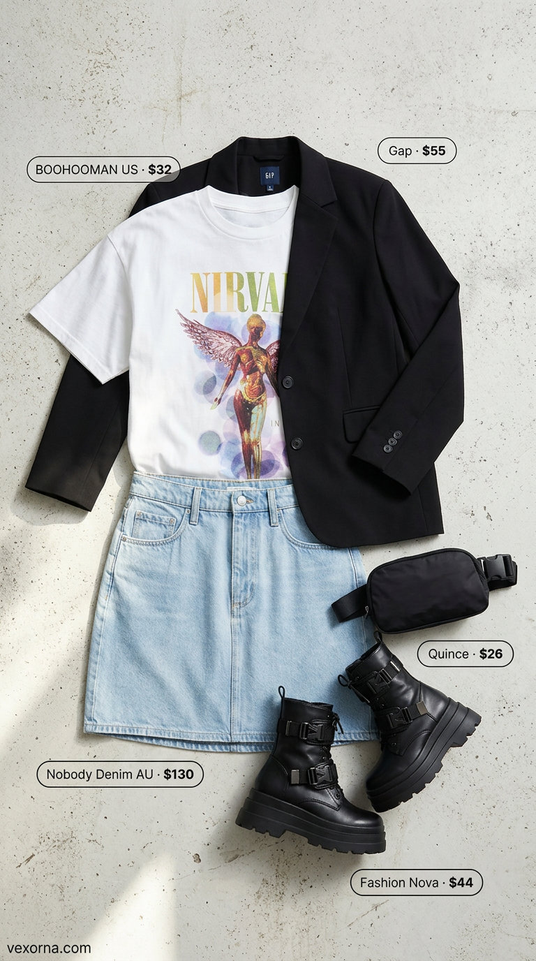 Street Style outfit with a denim skirt, graphic band tee, oversized blazer, and combat boots.