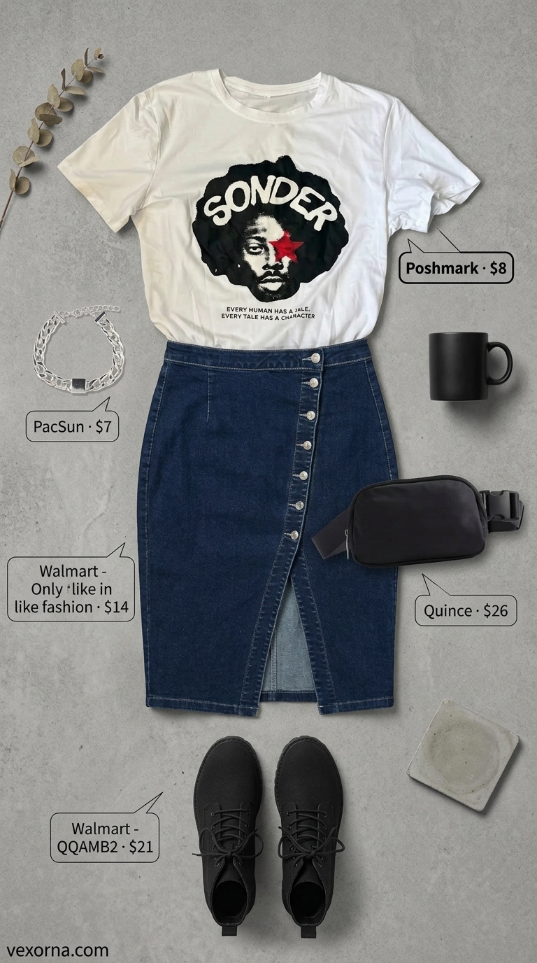 Urban Explorer outfit with a denim skirt, graphic tee, combat boots, and crossbody belt bag.