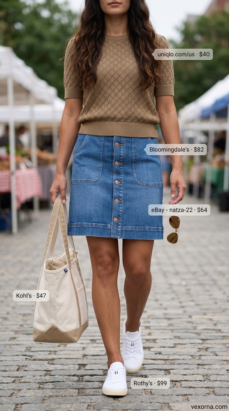 Weekend Getaway outfit with a denim skirt, beige knit sweater, white sneakers, and aviator sunglasses.