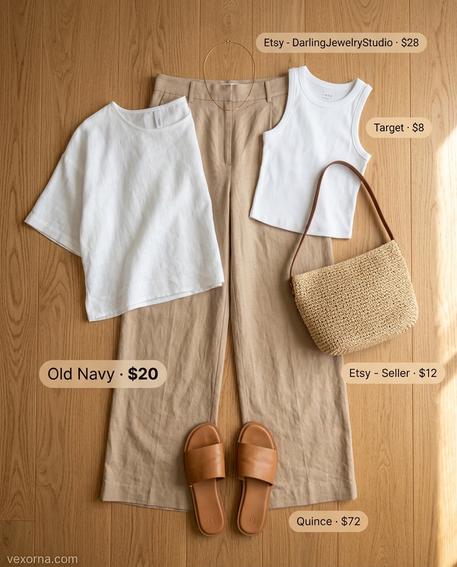Sophisticated beige linen pants and white tank for summer garden party outfits for women 2026. Effortless chic with flat sandals.