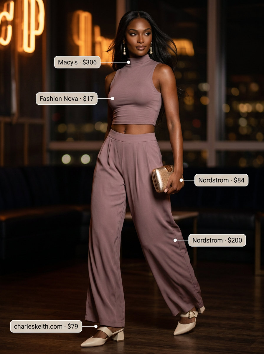 Blush pink wide-leg jumpsuit, gold pearl earrings, and heeled mules for summer garden party outfits for women 2026.