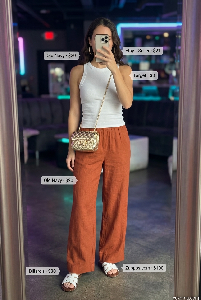 Bright orange wide-leg pants, white tank top, and gold hoop earrings for summer garden party outfits for women 2026.