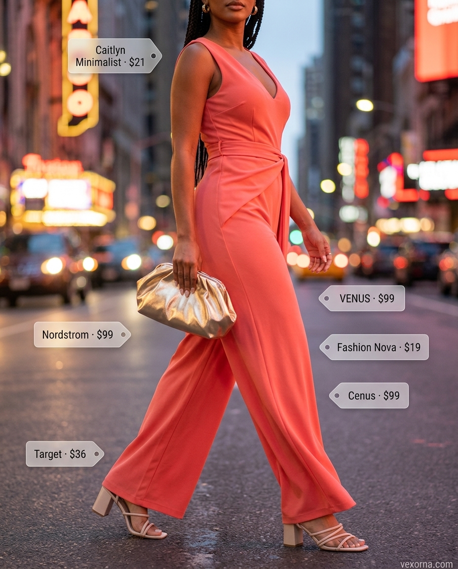 Vibrant coral linen jumpsuit for summer garden party outfits for women 2026. Modern and effortless evening look with block heels.