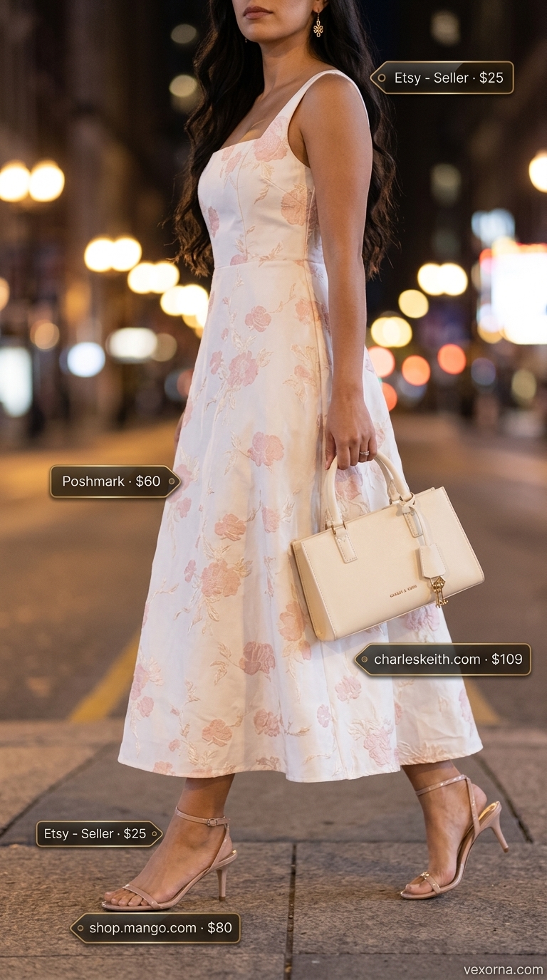 Romantic ivory slip dress with rose pink floral print, perfect for summer garden party outfits for women 2026. Styled with nude heels.