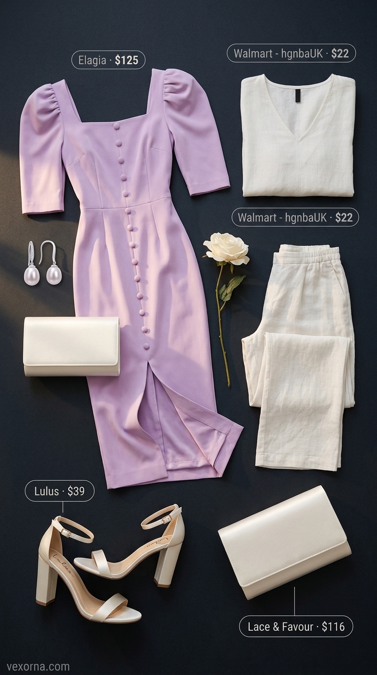 Lavender midi dress, silver pearl earrings, and satin heeled sandals for summer garden party outfits for women 2026.