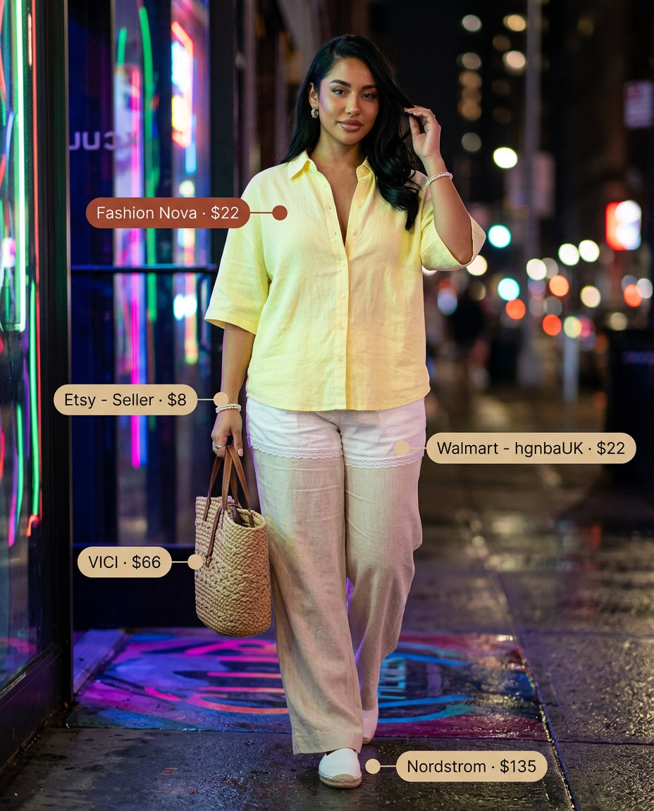 Lemon yellow linen shorts set, straw tote, and espadrilles for summer garden party outfits for women 2026.