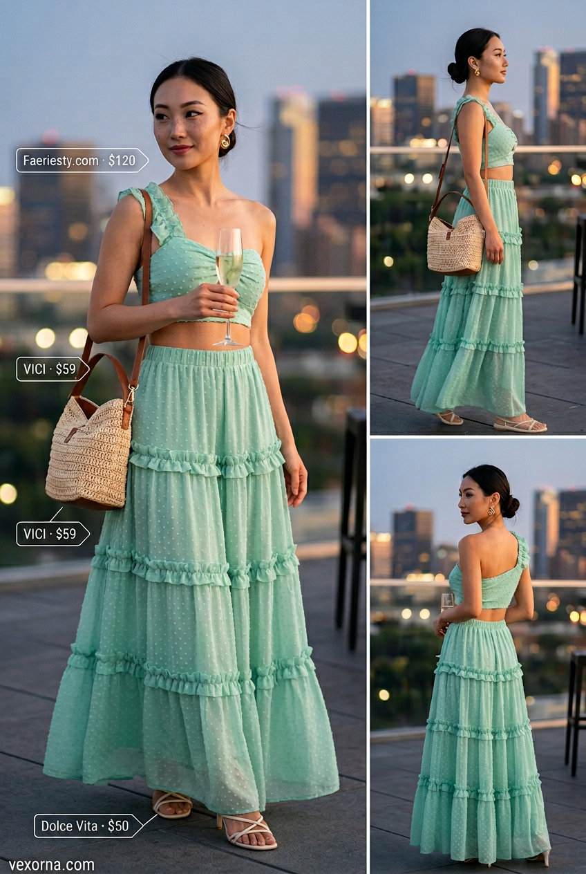 Feminine mint green two-piece set with smocked top and tiered skirt for summer garden party outfits for women 2026.