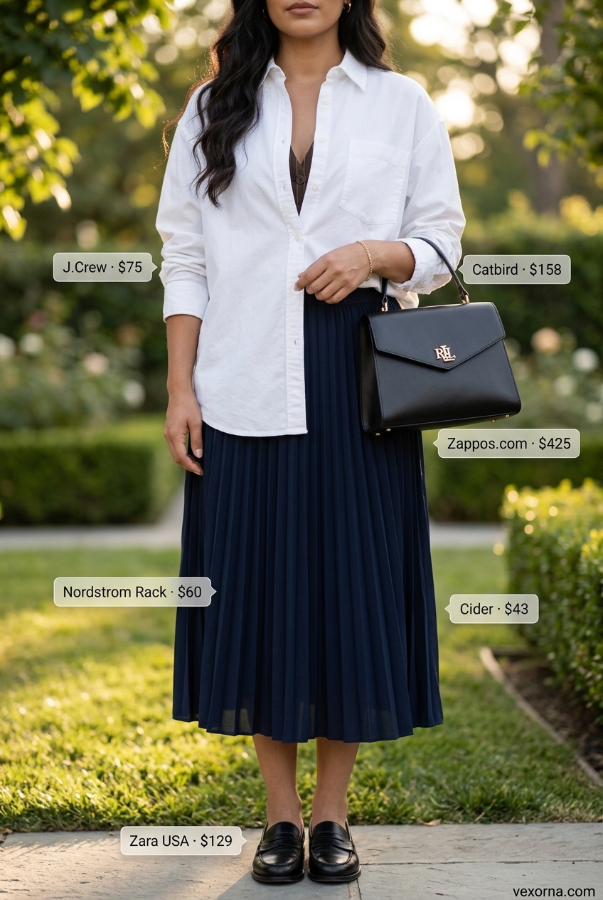 Classic navy A-line skirt and crisp white shirt for summer garden party outfits for women 2026. Polished and elegant daytime look.