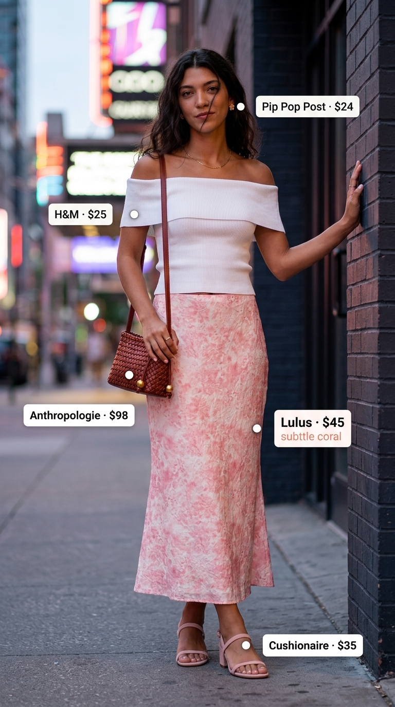 Blush pink floral midi skirt, cream off-the-shoulder top, and block heel sandals for summer garden party outfits for women 2026.