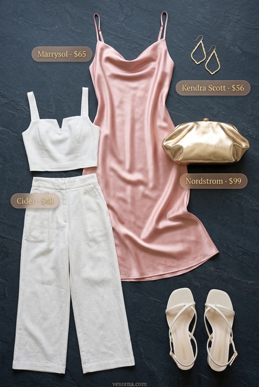 Elegant rose pink satin slip dress for summer garden party outfits for women 2026. Romantic and sophisticated evening look.