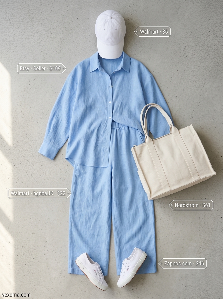 Relaxed sky blue linen shorts and shirt set for summer garden party outfits for women 2026. Effortless coastal vibe with white sneakers.