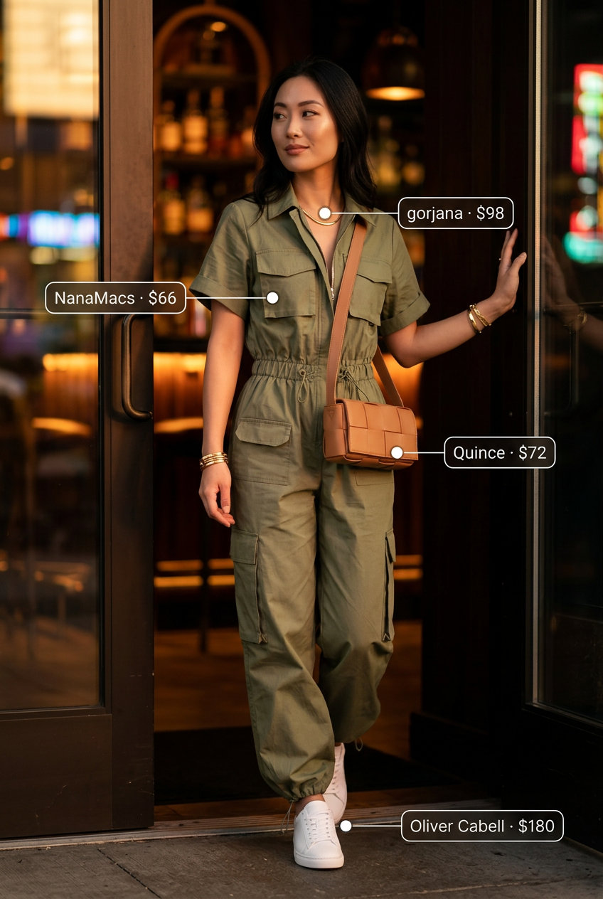 Olive green utility jumpsuit, white sneakers, and tan belt bag for summer garden party outfits for women 2026.
