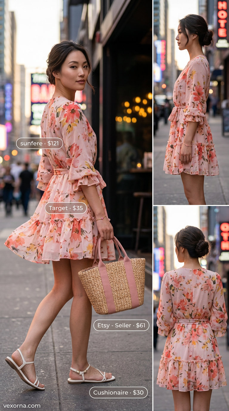 Coral floral sundress for summer garden party outfits for women 2026. Playful mini dress, smocked bodice, puff sleeves, straw tote, flat sandals.