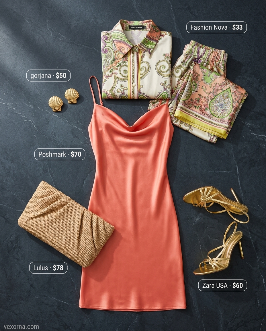 Coral satin slip dress for summer garden party outfits for women 2026. Glamorous midi dress, strappy heels, raffia clutch, statement earrings.