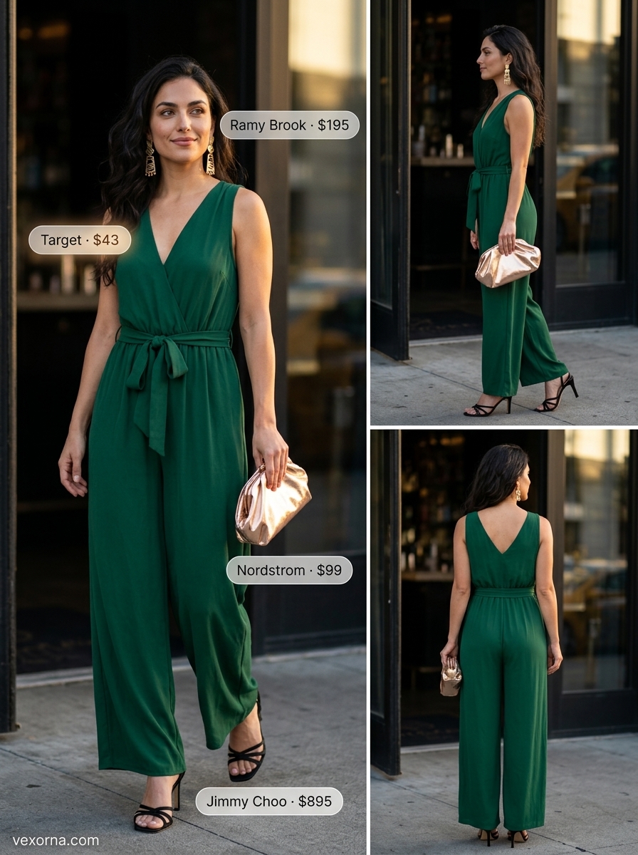 Emerald green jumpsuit for summer garden party outfits for women 2026. Sophisticated wide-leg jumpsuit, gold earrings, metallic clutch, black heels.