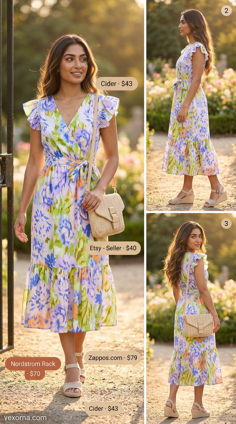 Floral print midi wrap dress for summer garden party outfits for women 2026. Romantic dress, flutter sleeves, espadrilles, layered necklaces, straw bag.