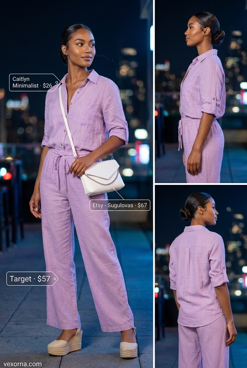 Lavender linen set for summer garden party outfits for women 2026. Relaxed chic cropped shirt, wide-leg pants, espadrilles, crossbody bag.