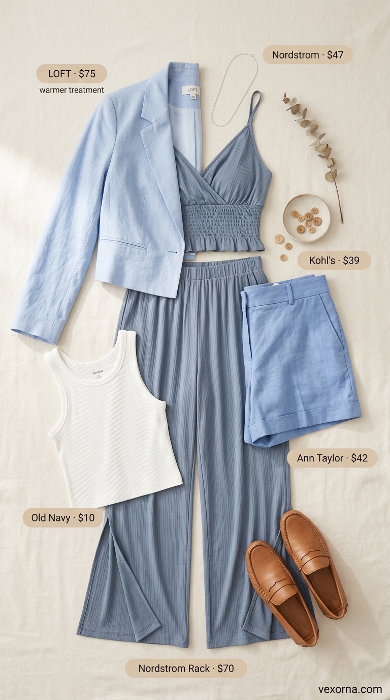Light blue linen shorts suit for summer garden party outfits for women 2026. Casual chic shorts, blazer, white tank, leather loafers, tote.