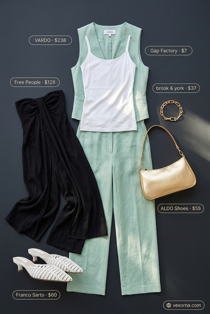 Mint green linen suit for summer garden party outfits for women 2026. Chic wide-leg pants, cropped blazer, white cami, gold bag & mules.