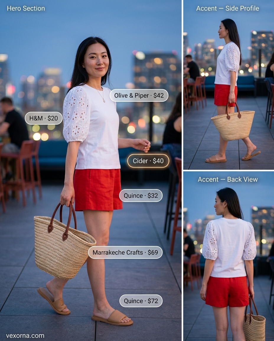 Poppy red linen shorts outfit for summer garden party outfits for women 2026. Playful shorts, eyelet blouse, leather slides, straw tote.