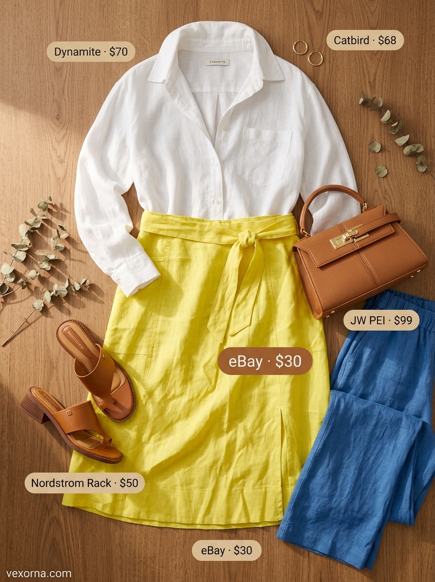 Yellow linen midi skirt for summer garden party outfits for women 2026. Chic A-line skirt, oversized white shirt, block heels, tan bag.