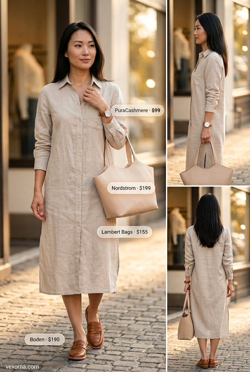 Stone beige linen shirt dress for women over 30, a classic choice for smart casual and weekend brunch in 2026.
