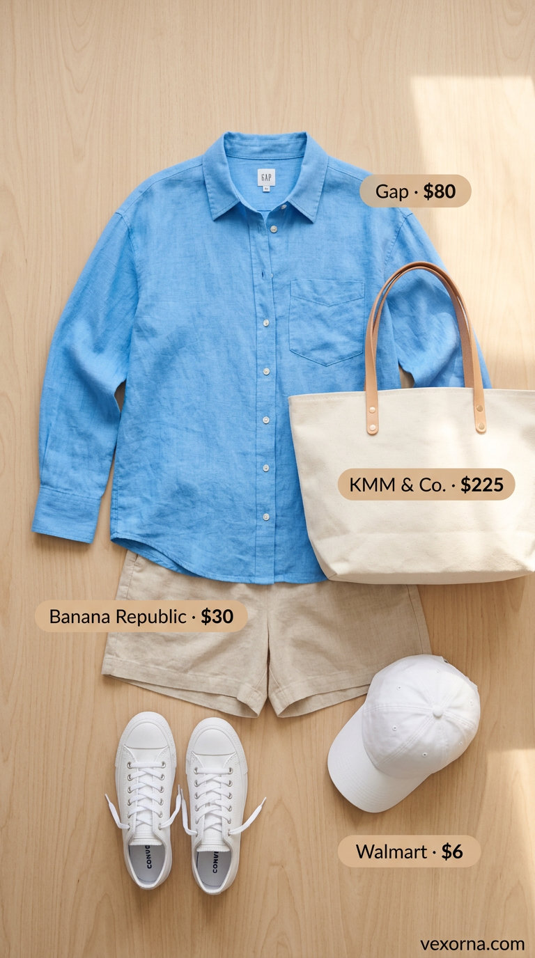 Sandy beige linen shorts & sky blue oversized shirt: relaxed summer linen outfits for women over 30 2026.