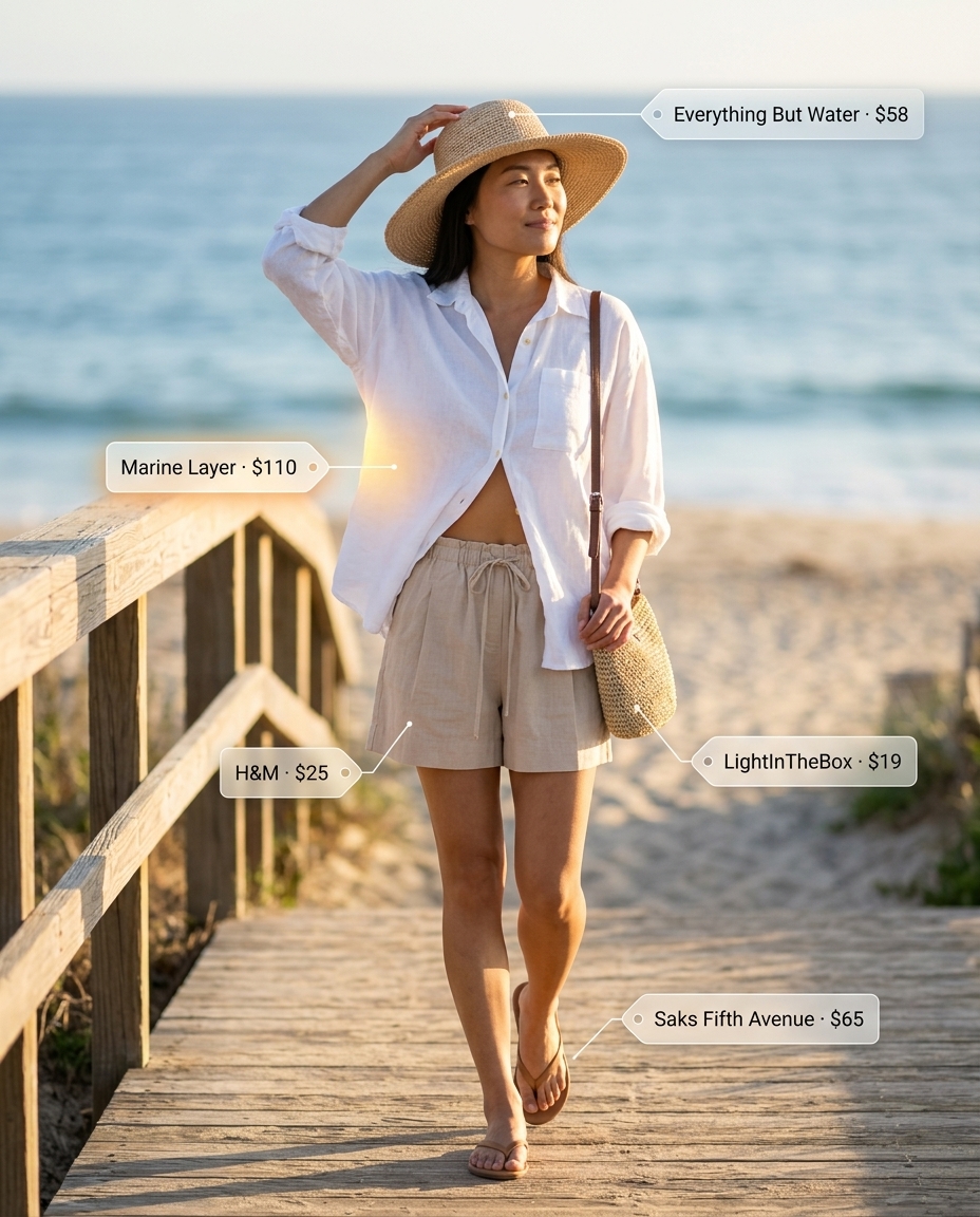 Light beige linen shorts & white oversized shirt: casual summer linen outfits for women over 30 2026.