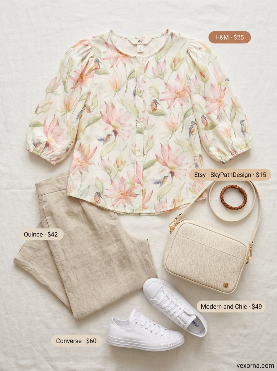 Light beige linen trousers & floral blouse: sweet summer linen outfits for women over 30 2026. Casual day out style.