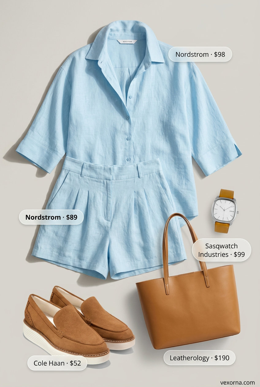 Light blue linen shorts suit for women over 30, with white shirt & loafers. Smart summer linen outfits 2026.