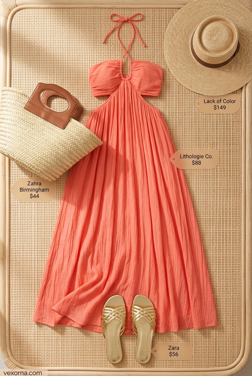 Coral linen maxi dress for women over 30, perfect for beach vacations and summer parties in 2026.