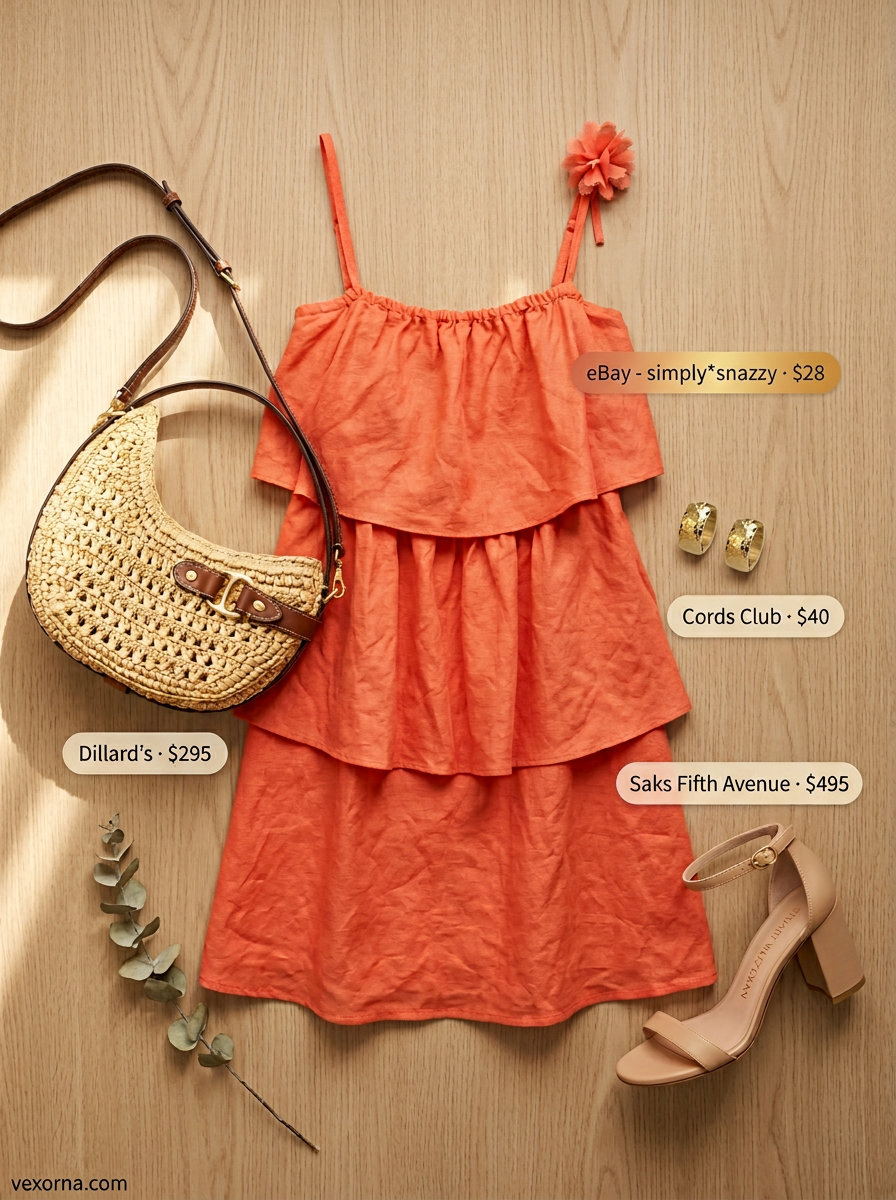 Coral orange linen maxi dress for women over 30, with block heels & crossbody bag. Vibrant summer linen outfits 2026.