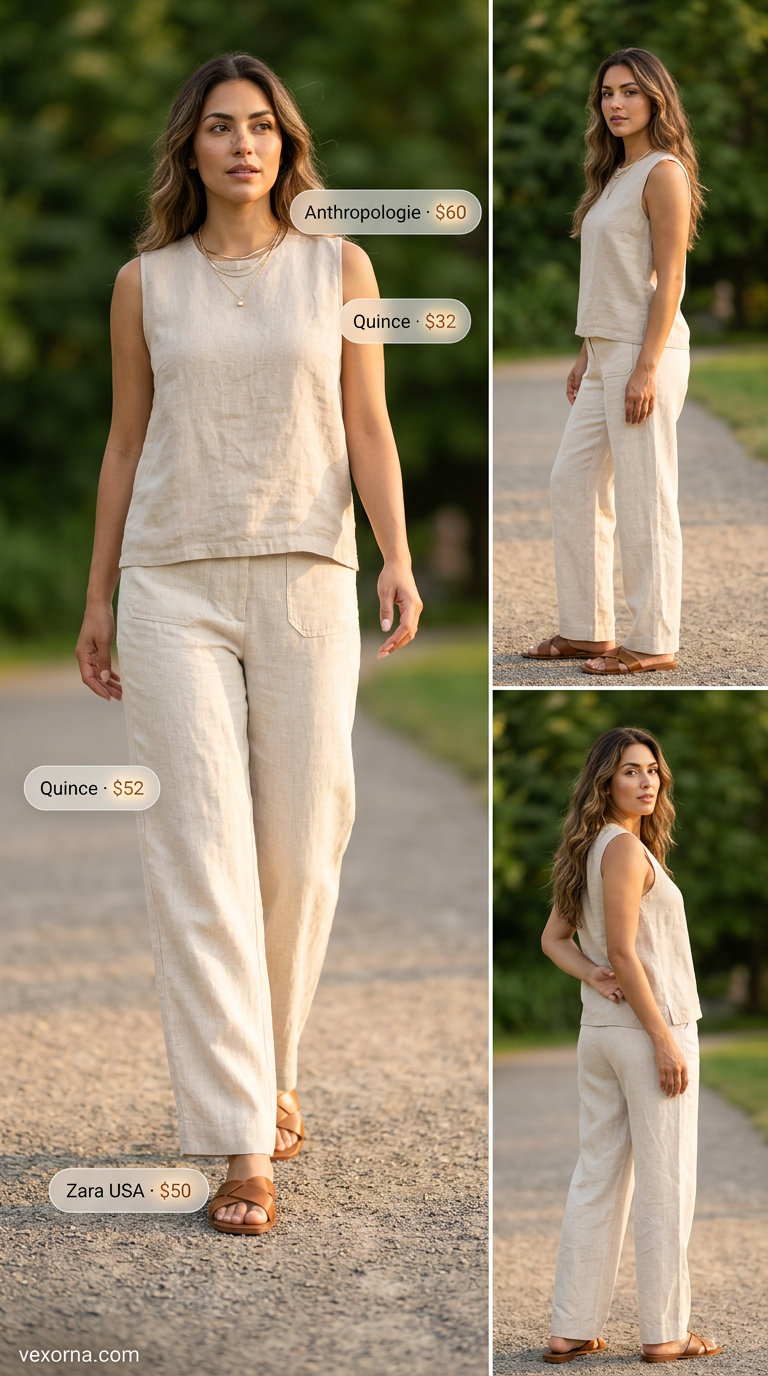 Cream linen pants and ribbed tank for women over 30, perfect for casual days and beachside lunches in 2026.