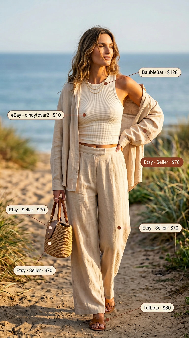 Cream linen matching set for women over 30, featuring oversized shirt & wide-leg pants. Summer linen outfits 2026.
