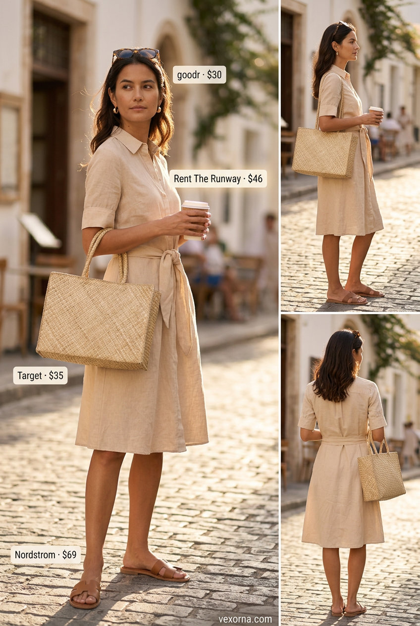 Khaki linen shirt dress outfit for women over 30, styled with tan slides & straw tote. Ideal summer linen outfits 2026.
