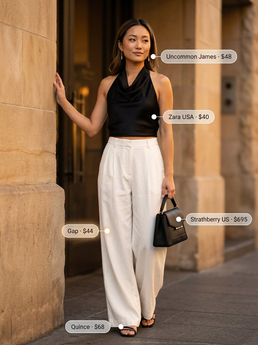 Ivory linen wide-leg pants and black halter top for women over 30, perfect for summer evenings in 2026.