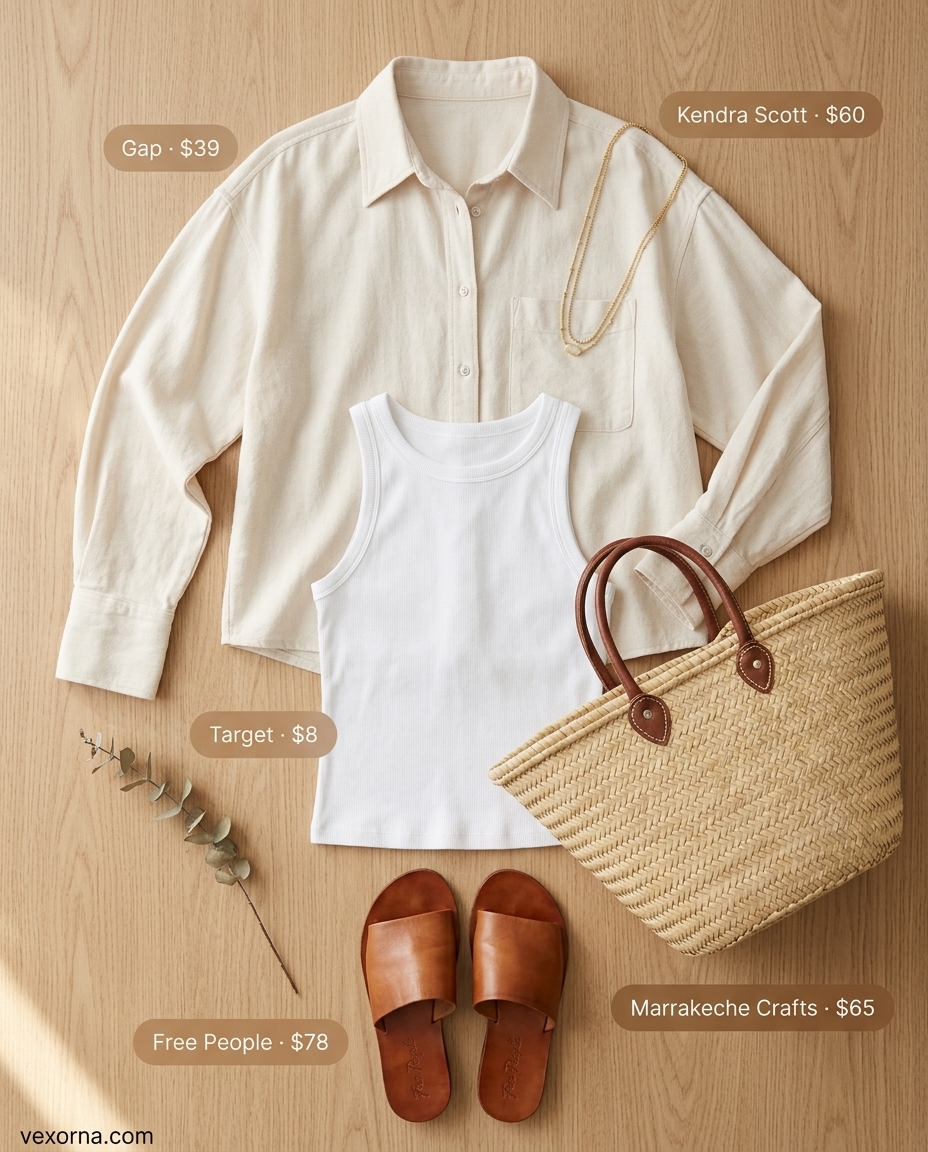 Creamy white and beige linen set for women over 30, perfect for beach brunch and casual days out in 2026.